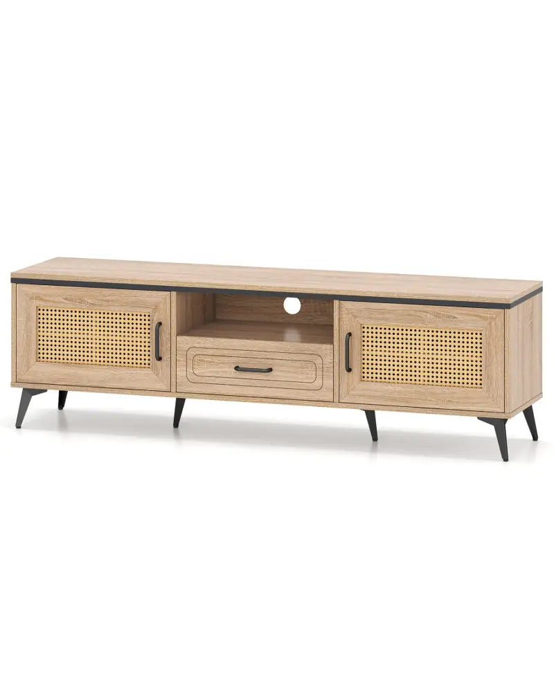 Mid Century Modern Entertainment Center with 2 Cabinets and Storage Drawer-Oak - Oak - Entertainment Centers & TV Stands