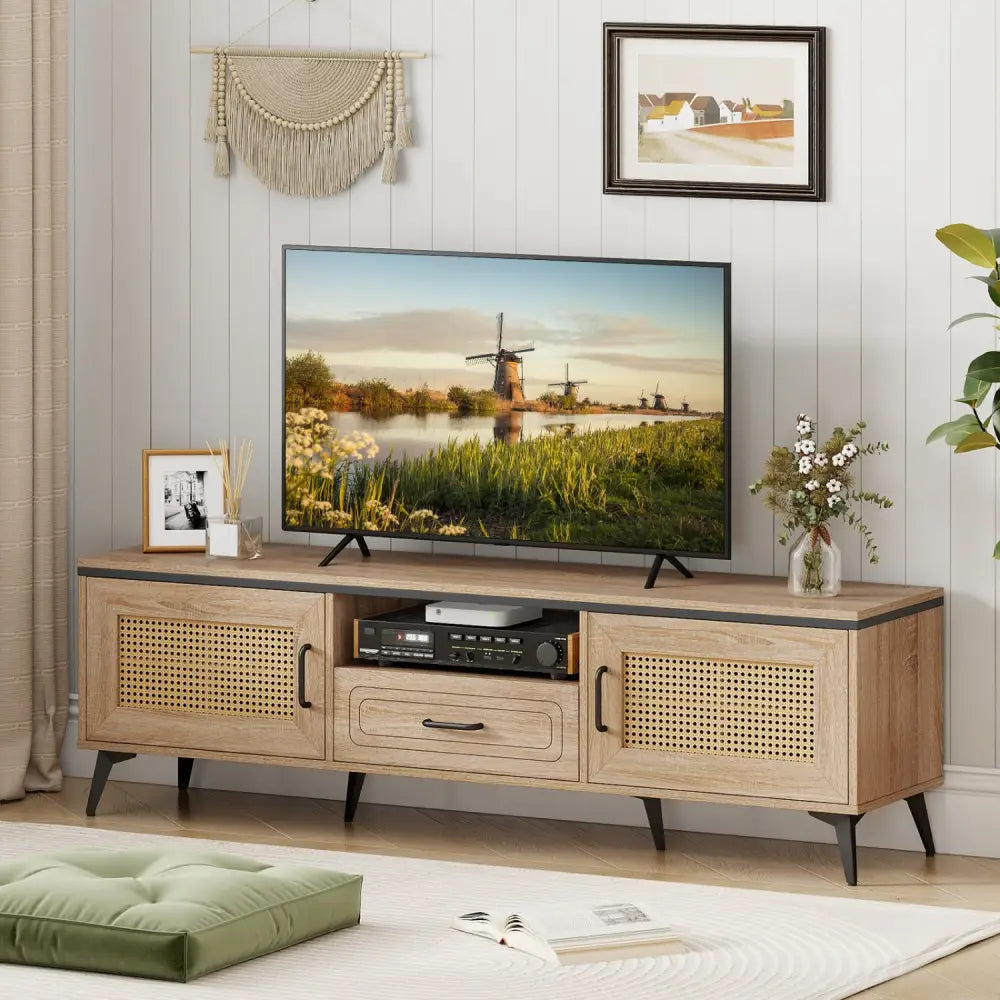 Mid Century Modern Entertainment Center with 2 Cabinets and Storage Drawer-Oak - Oak - Entertainment Centers & TV Stands