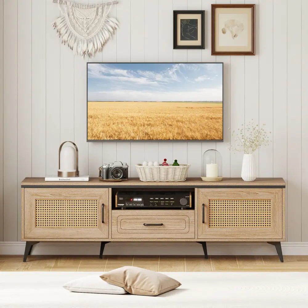 Mid Century Modern Entertainment Center with 2 Cabinets and Storage Drawer-Oak - Oak - Entertainment Centers & TV Stands