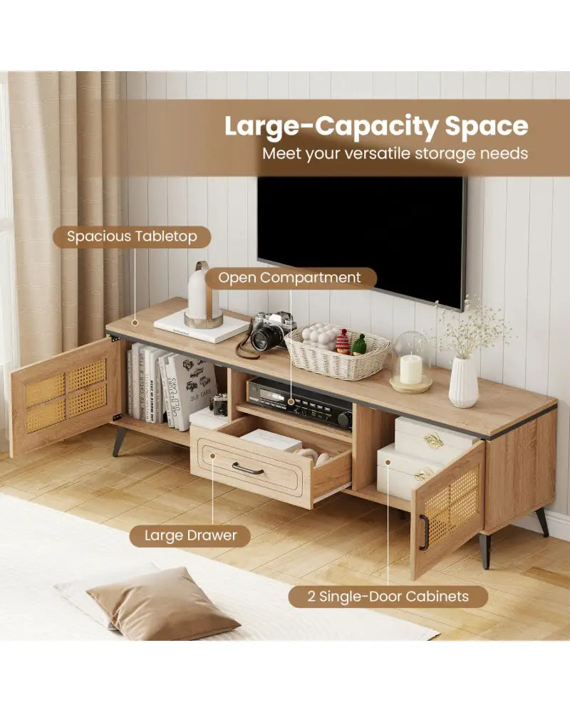 Mid Century Modern Entertainment Center with 2 Cabinets and Storage Drawer-Oak - Oak - Entertainment Centers & TV Stands