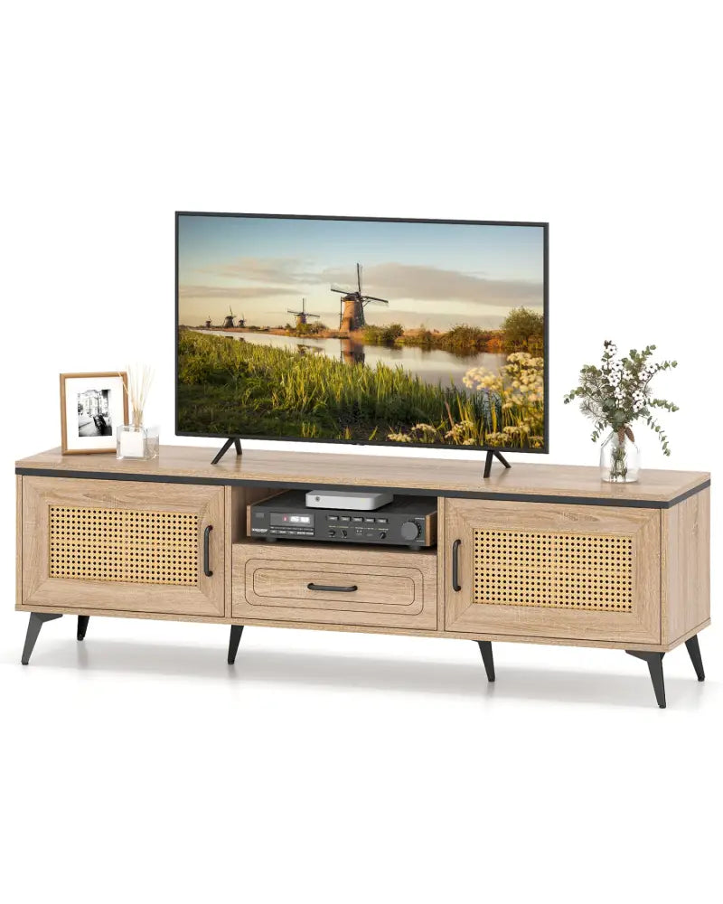 Mid Century Modern Entertainment Center with 2 Cabinets and Storage Drawer-Oak - Oak - Entertainment Centers & TV Stands