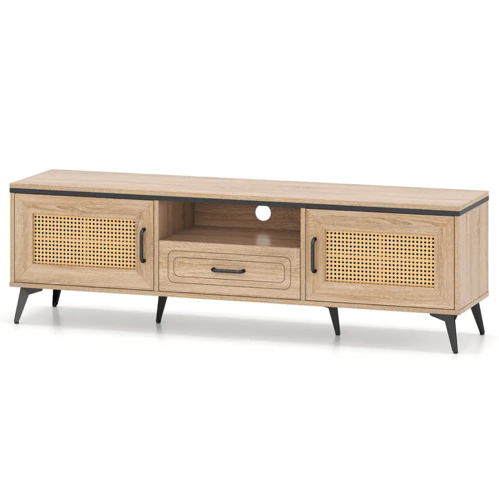 Mid Century Modern Entertainment Center with 2 Cabinets and Storage Drawer-Oak - Oak - Entertainment Centers & TV Stands