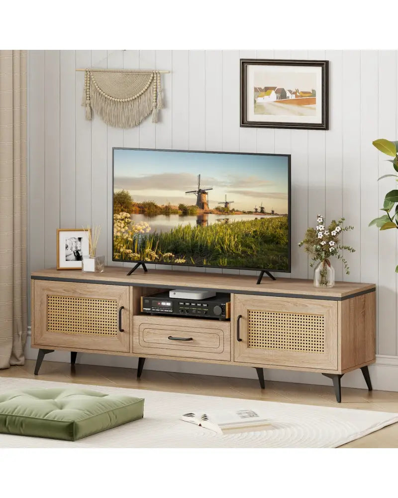 Mid Century Modern Entertainment Center with 2 Cabinets and Storage Drawer-Oak - Oak - Entertainment Centers & TV Stands