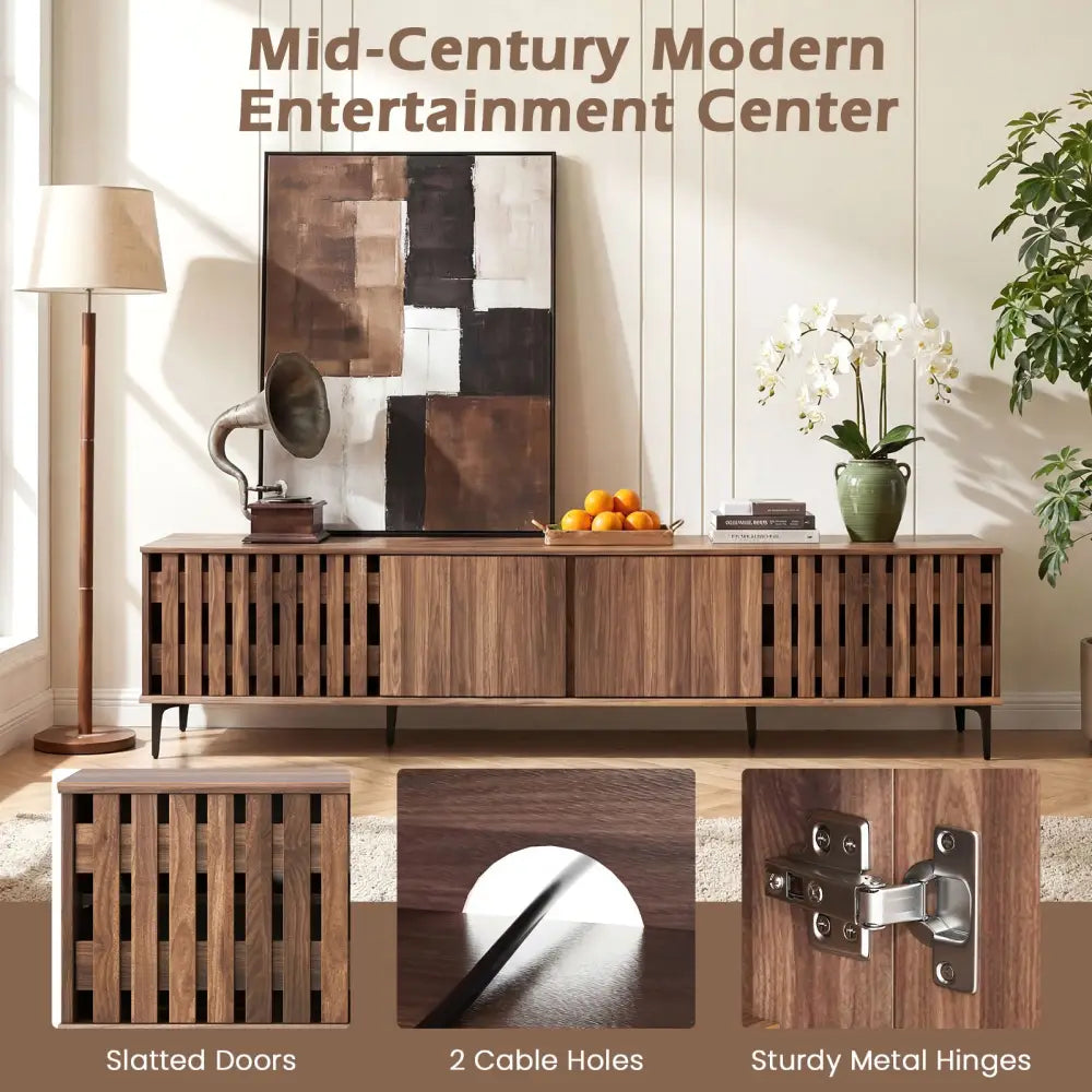 Mid Century Modern Entertainment Center with 4 Storage Cabinets for Living Room-Walnut - Walnut - Entertainment Centers