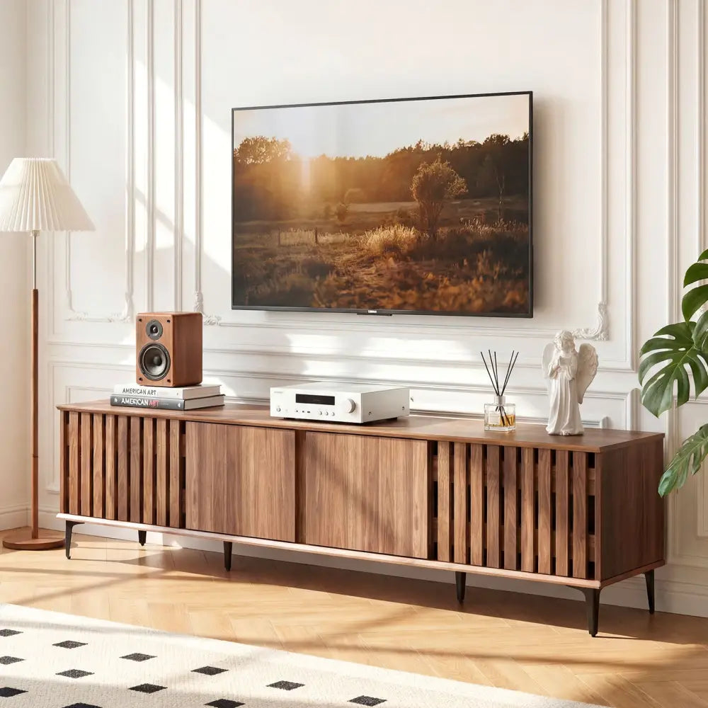 Mid Century Modern Entertainment Center with 4 Storage Cabinets for Living Room-Walnut - Walnut - Entertainment Centers