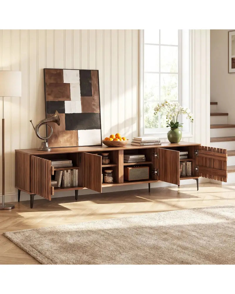 Mid Century Modern Entertainment Center with 4 Storage Cabinets for Living Room-Walnut - Walnut - Entertainment Centers