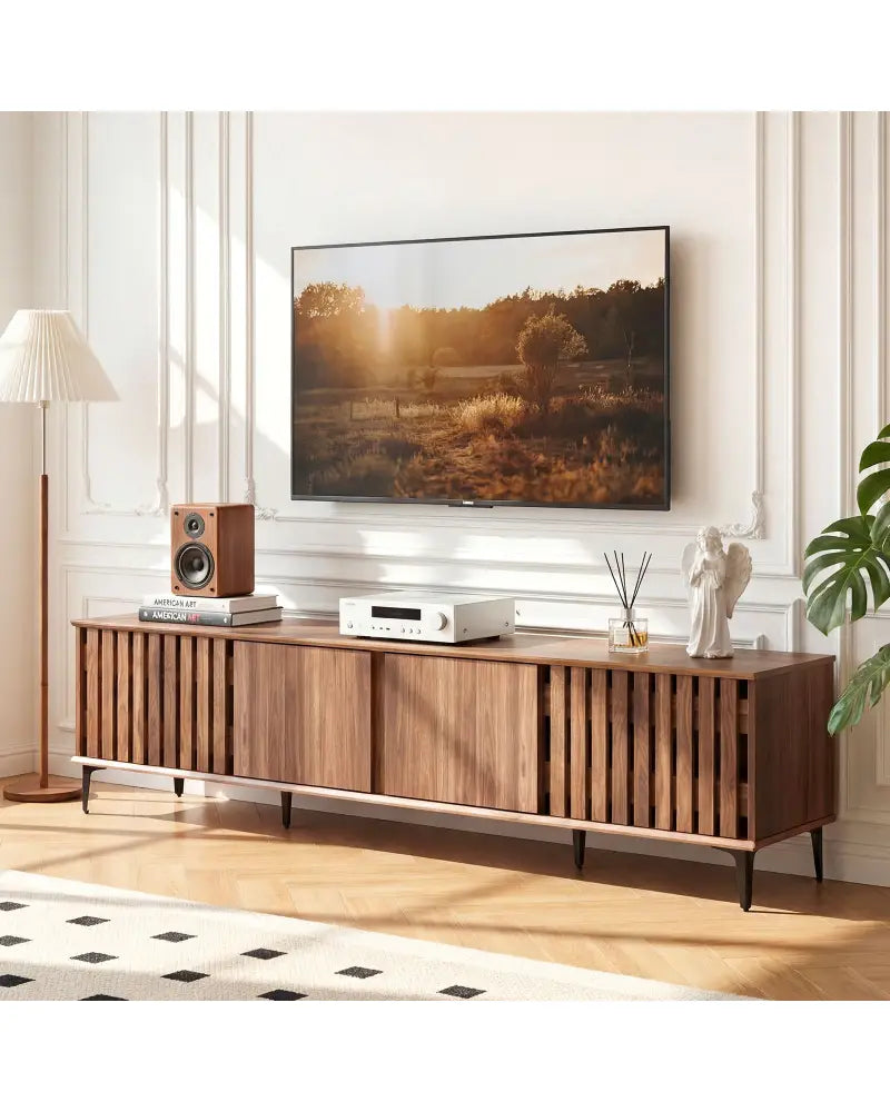 Mid Century Modern Entertainment Center with 4 Storage Cabinets for Living Room-Walnut - Walnut - Entertainment Centers