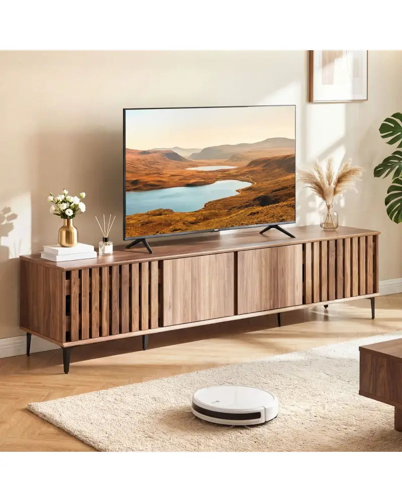 Mid Century Modern Entertainment Center with 4 Storage Cabinets for Living Room-Walnut - Walnut - Entertainment Centers