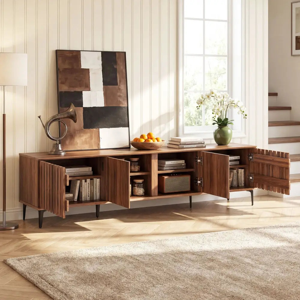 Mid Century Modern Entertainment Center with 4 Storage Cabinets for Living Room-Walnut - Walnut - Entertainment Centers