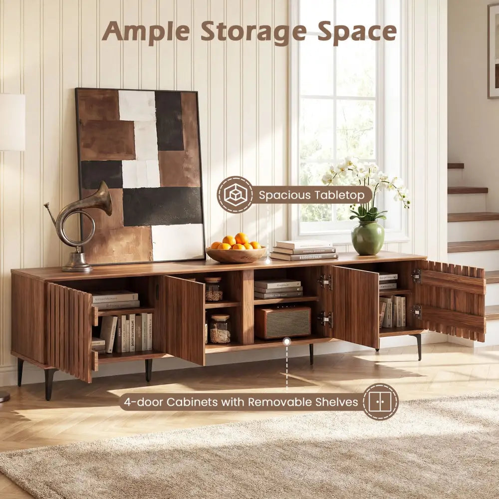 Mid Century Modern Entertainment Center with 4 Storage Cabinets for Living Room-Walnut - Walnut - Entertainment Centers
