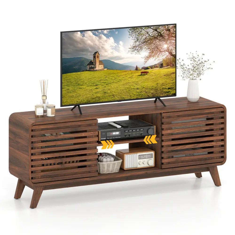Mid Century Modern Entertainment Center with Grille-style Sliding Doors for Living Room-Walnut - Walnut - Entertainment