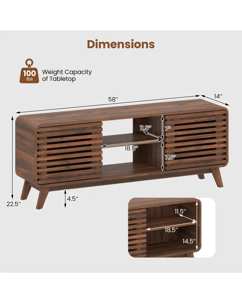 Mid Century Modern Entertainment Center with Grille-style Sliding Doors for Living Room-Walnut - Walnut - Entertainment