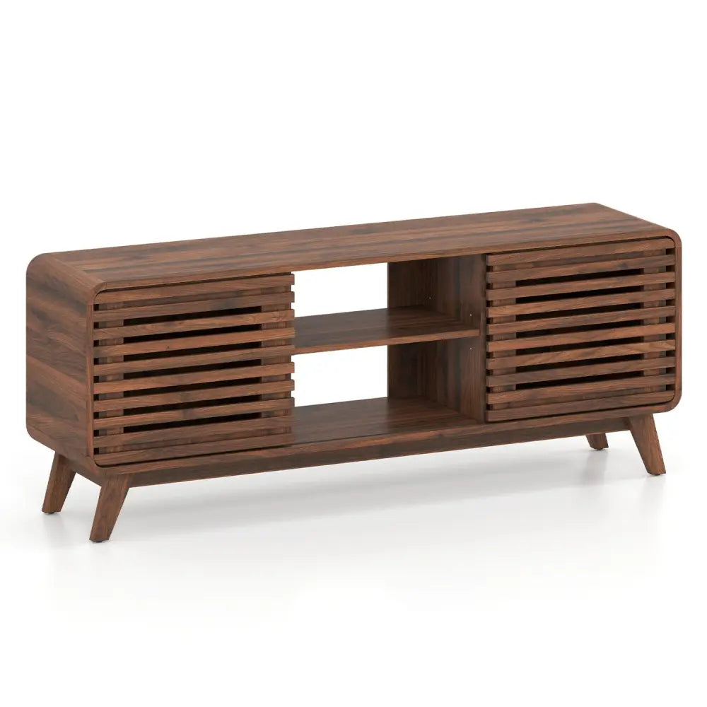 Mid Century Modern Entertainment Center with Grille-style Sliding Doors for Living Room-Walnut - Walnut - Entertainment