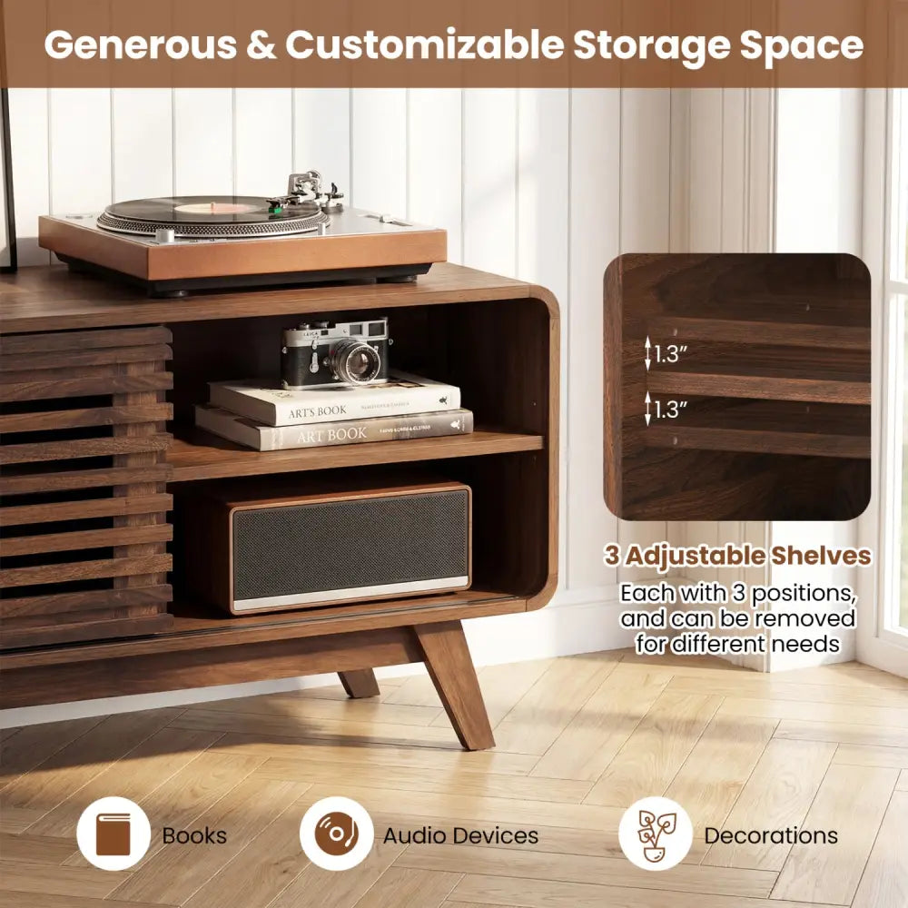 Mid Century Modern Entertainment Center with Grille-style Sliding Doors for Living Room-Walnut - Walnut - Entertainment