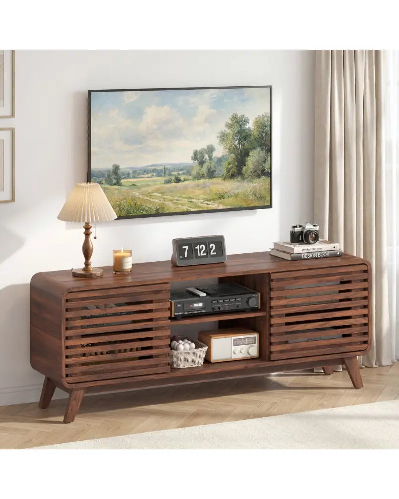 Mid Century Modern Entertainment Center with Grille-style Sliding Doors for Living Room-Walnut - Walnut - Entertainment