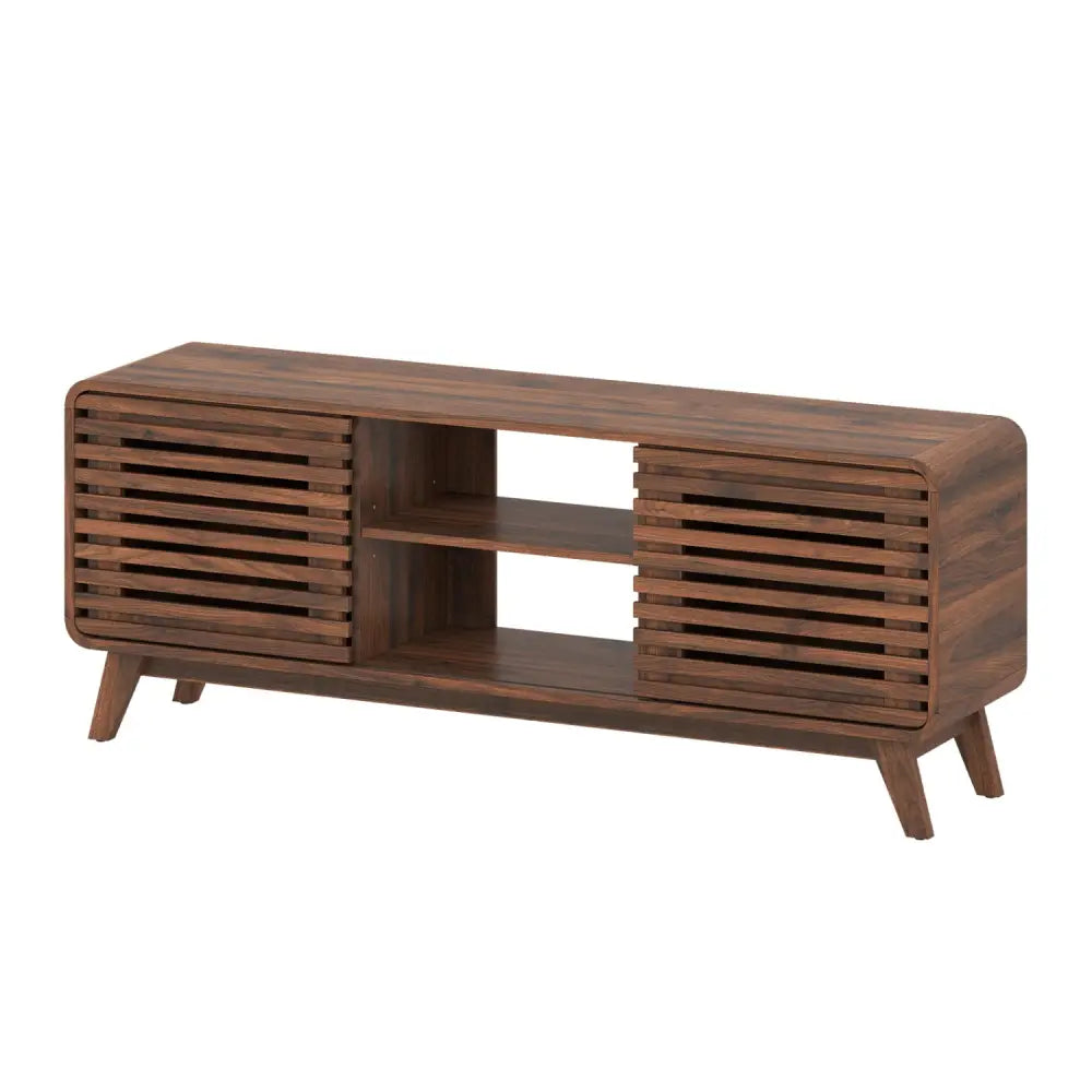 Mid Century Modern Entertainment Center with Grille-style Sliding Doors for Living Room-Walnut - Walnut - Entertainment
