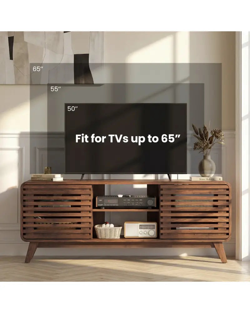 Mid Century Modern Entertainment Center with Grille-style Sliding Doors for Living Room-Walnut - Walnut - Entertainment