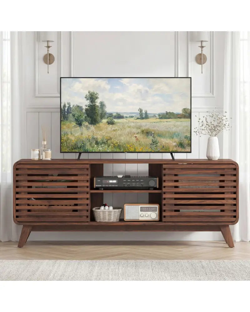 Mid Century Modern Entertainment Center with Grille-style Sliding Doors for Living Room-Walnut - Walnut - Entertainment