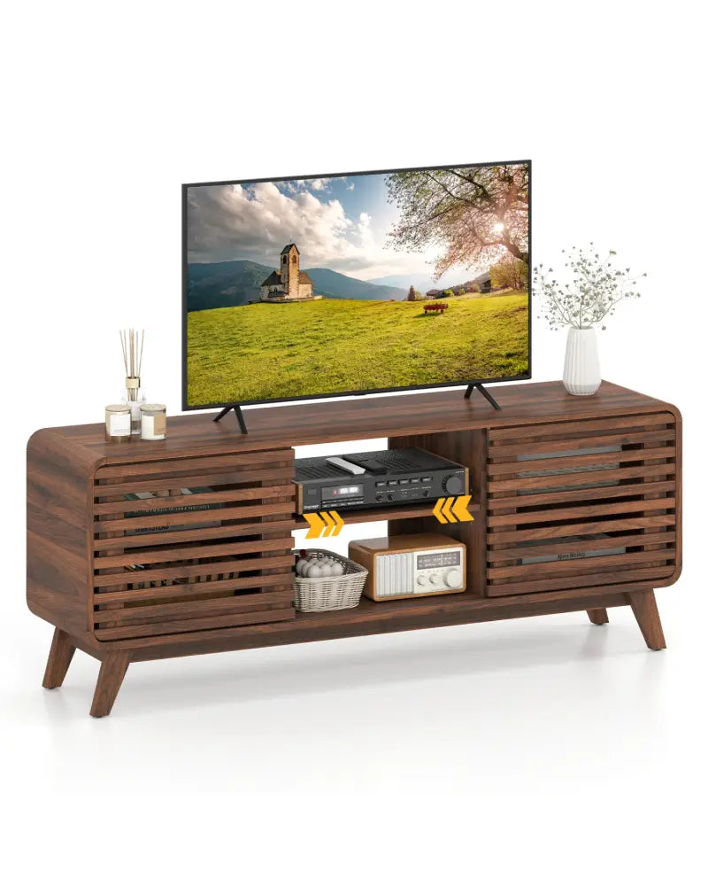 Mid Century Modern Entertainment Center with Grille-style Sliding Doors for Living Room-Walnut - Walnut - Entertainment