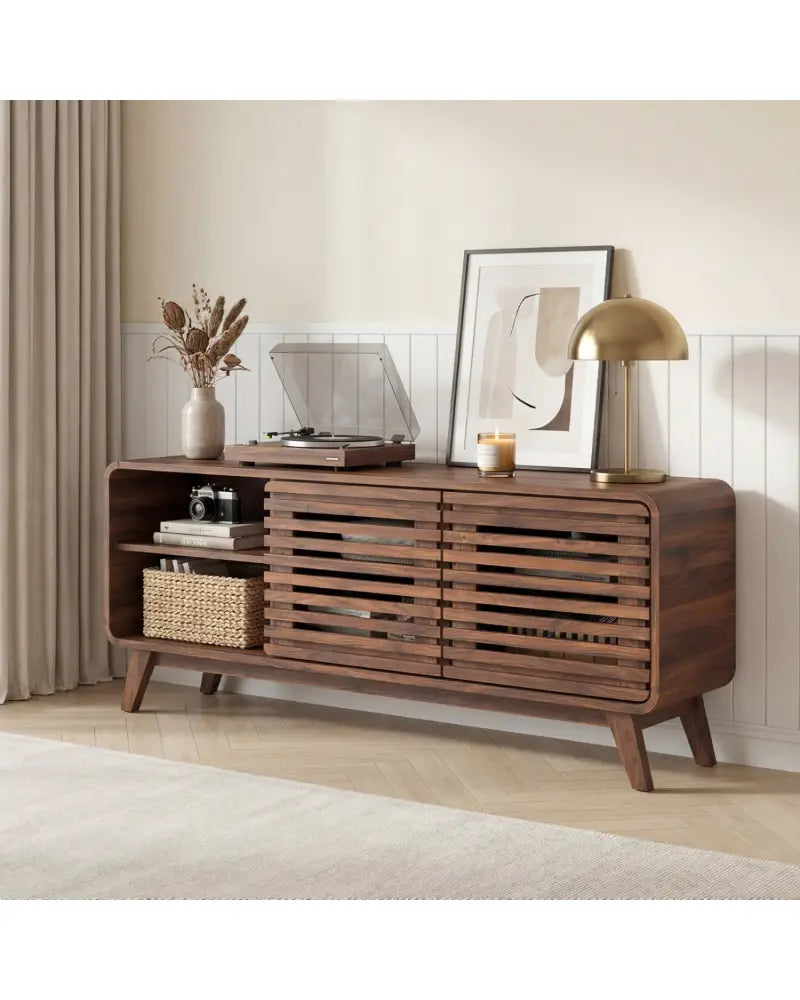 Mid Century Modern Entertainment Center with Grille-style Sliding Doors for Living Room-Walnut - Walnut - Entertainment