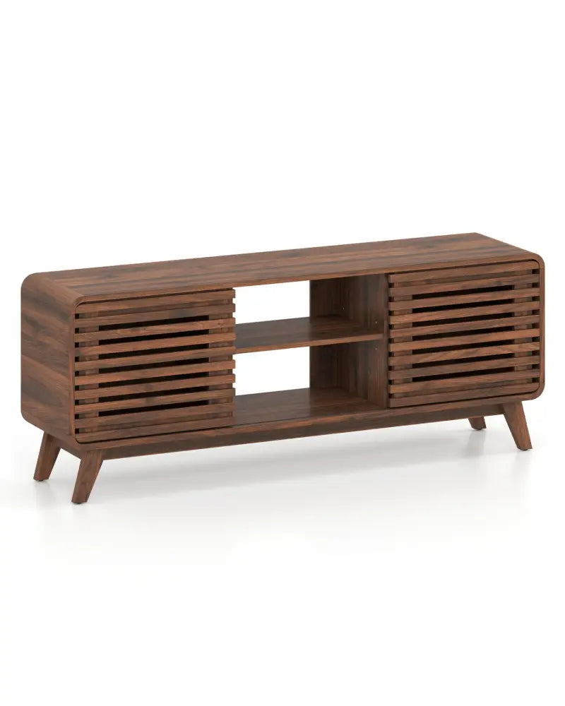 Mid Century Modern Entertainment Center with Grille-style Sliding Doors for Living Room-Walnut - Walnut - Entertainment