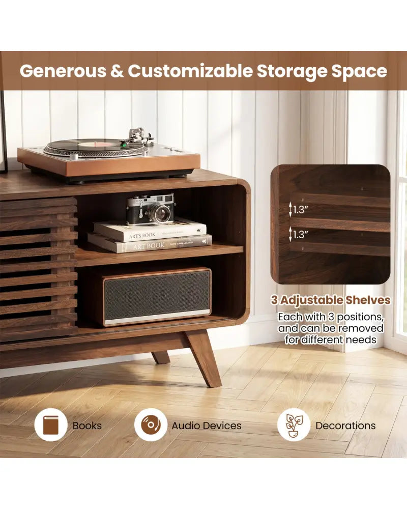 Mid Century Modern Entertainment Center with Grille-style Sliding Doors for Living Room-Walnut - Walnut - Entertainment