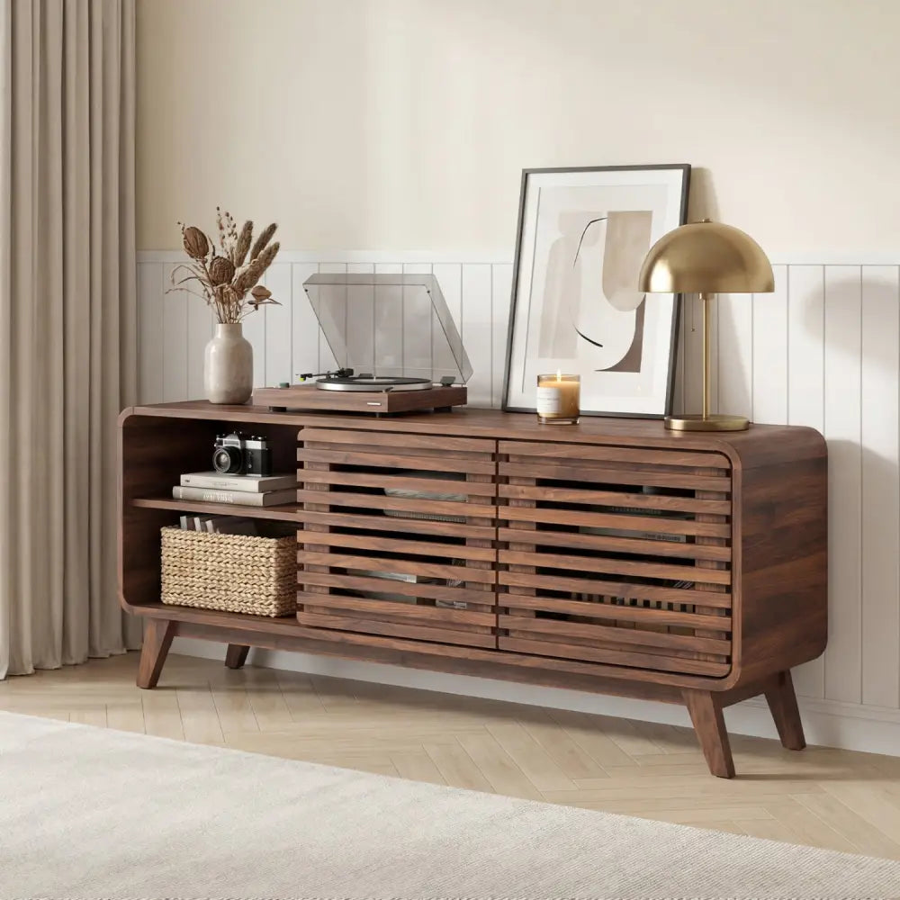 Mid Century Modern Entertainment Center with Grille-style Sliding Doors for Living Room-Walnut - Walnut - Entertainment