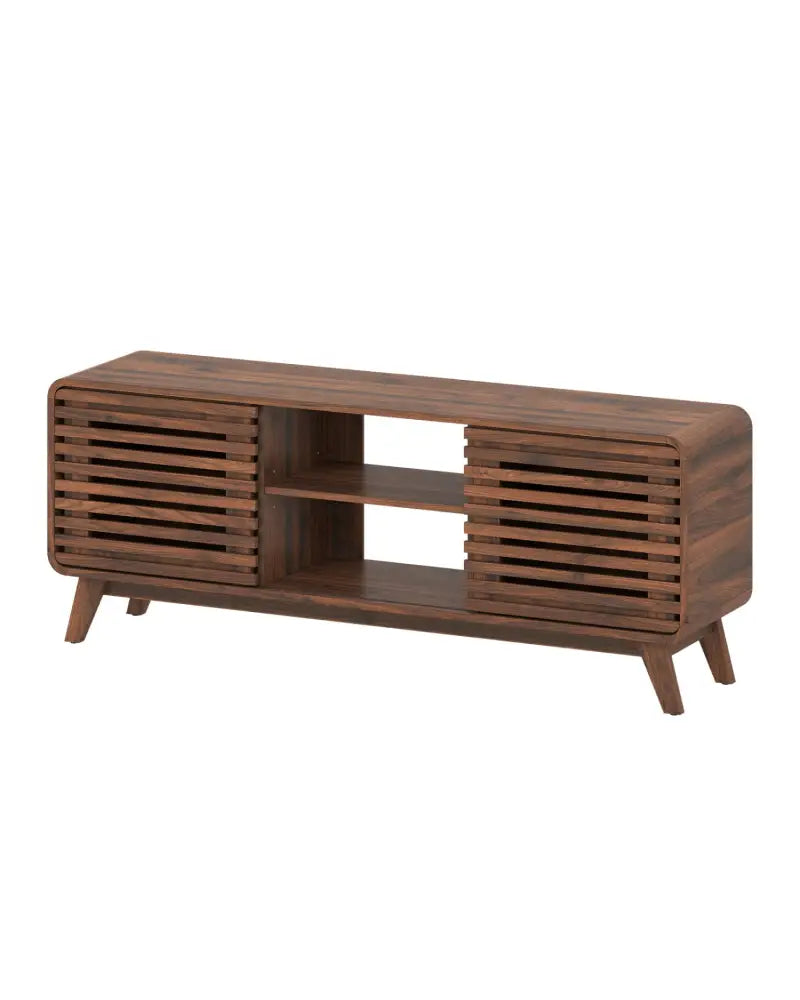 Mid Century Modern Entertainment Center with Grille-style Sliding Doors for Living Room-Walnut - Walnut - Entertainment