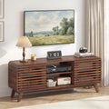Mid Century Modern Entertainment Center with Grille-style Sliding Doors for Living Room-Walnut - Walnut - Entertainment