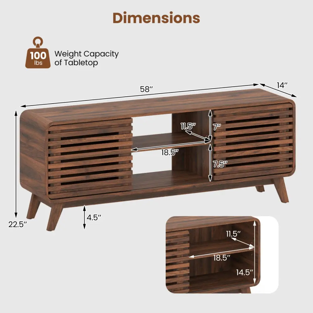 Mid Century Modern Entertainment Center with Grille-style Sliding Doors for Living Room-Walnut - Walnut - Entertainment