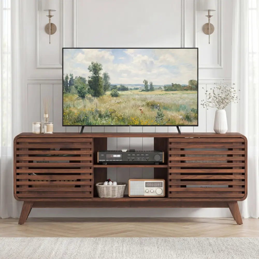Mid Century Modern Entertainment Center with Grille-style Sliding Doors for Living Room-Walnut - Walnut - Entertainment