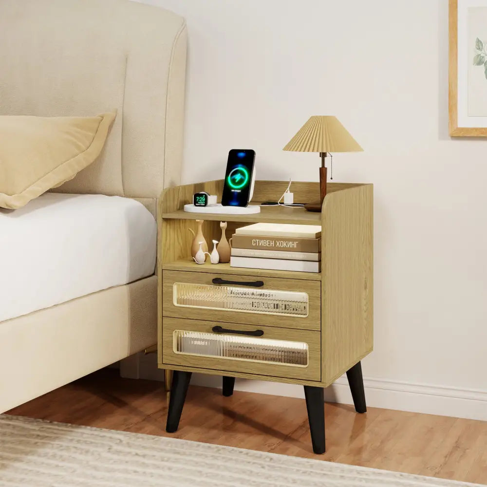 Mid Century Modern Nightstand with Charging Station and LED Lights-Natural - Natural - Nightstands