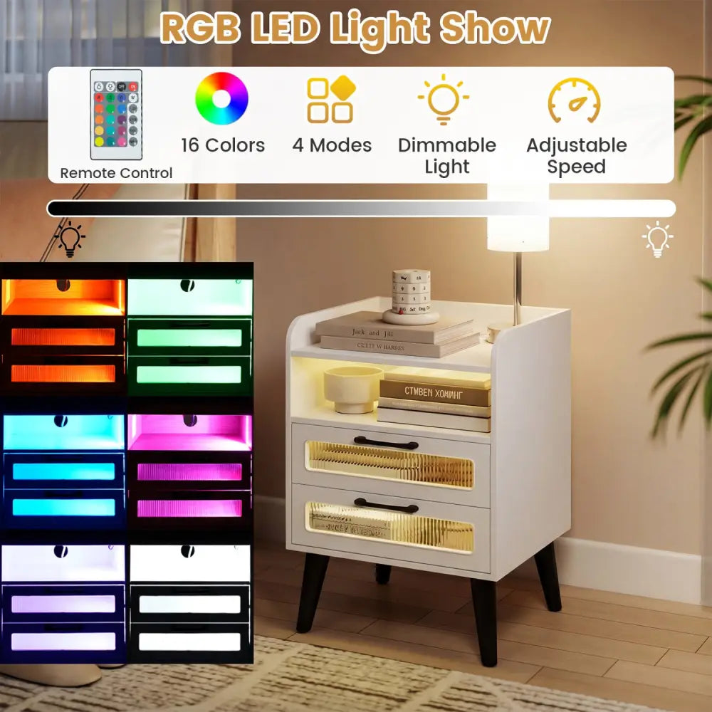 Mid Century Modern Nightstand with Charging Station and LED Lights-White - White - Nightstands