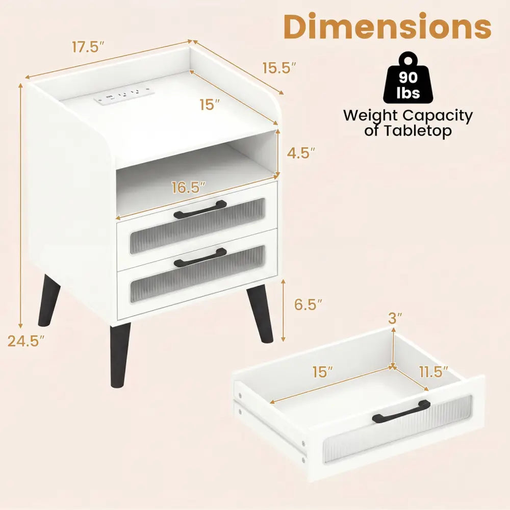 Mid Century Modern Nightstand with Charging Station and LED Lights-White - White - Nightstands