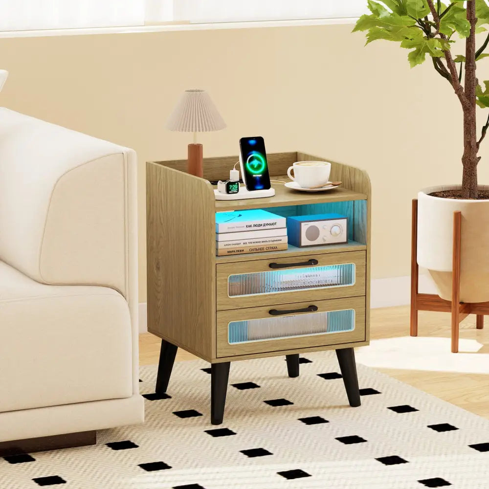 Mid Century Modern Nightstand with Charging Station and LED Lights-Natural - Natural - Nightstands