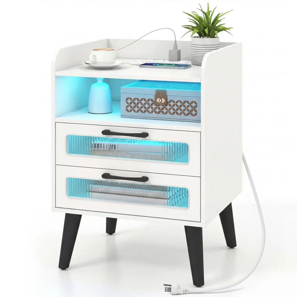 Mid Century Modern Nightstand with Charging Station and LED Lights-White - White - Nightstands
