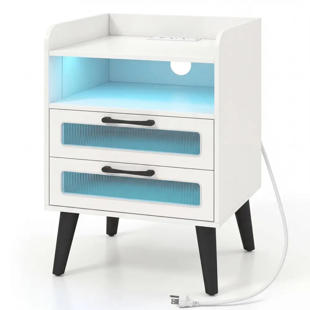 Mid Century Modern Nightstand with Charging Station and LED Lights-White - White - Nightstands