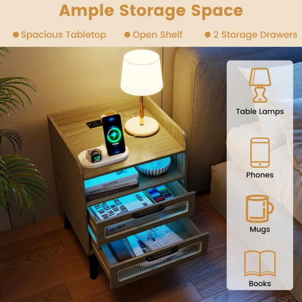 Mid Century Modern Nightstand with Charging Station and LED Lights-Natural - Natural - Nightstands