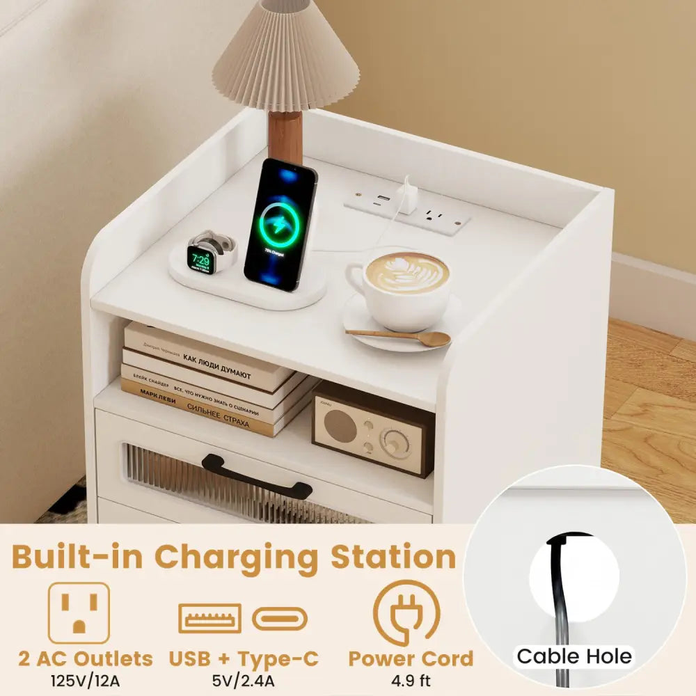 Mid Century Modern Nightstand with Charging Station and LED Lights-White - White - Nightstands