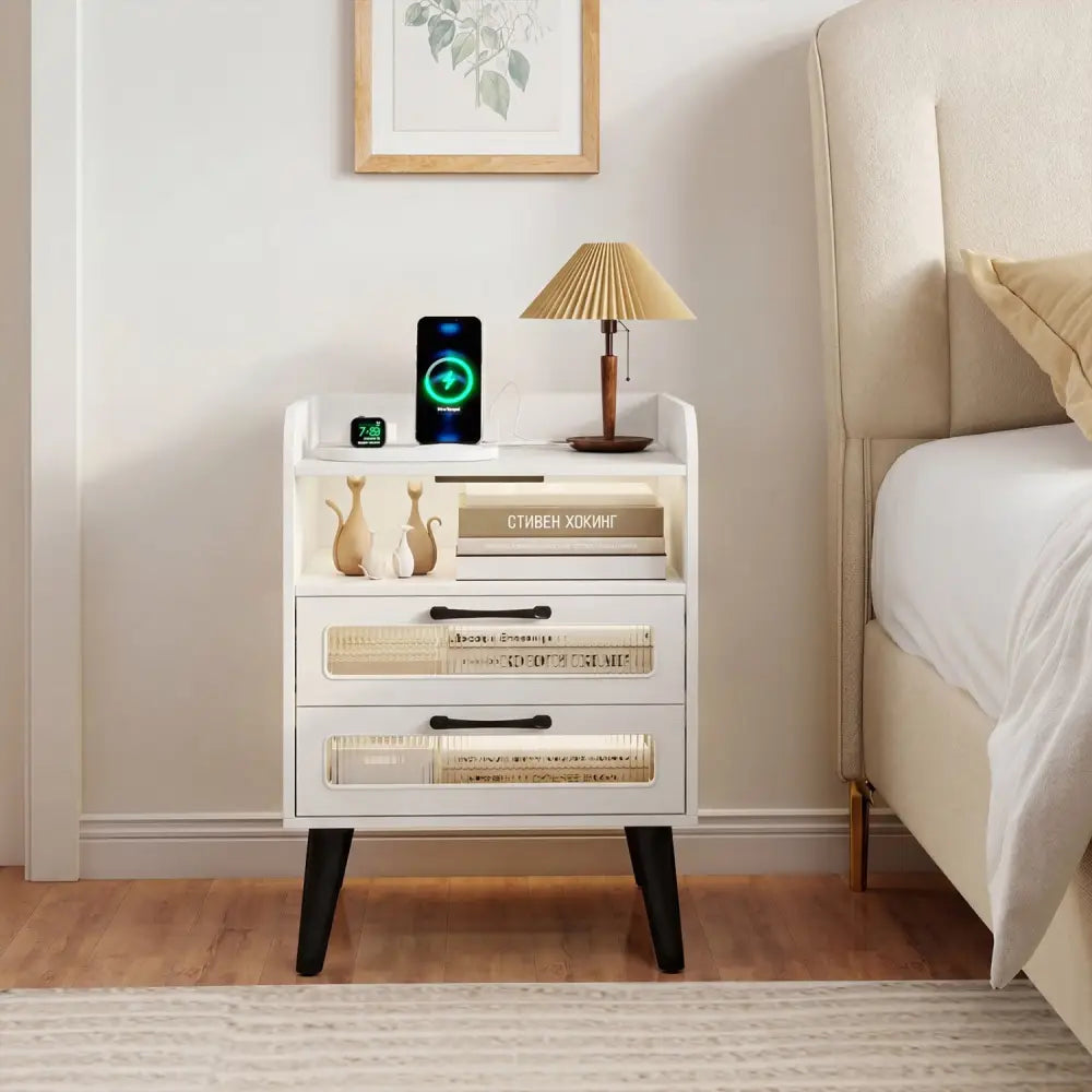 Mid Century Modern Nightstand with Charging Station and LED Lights-White - White - Nightstands