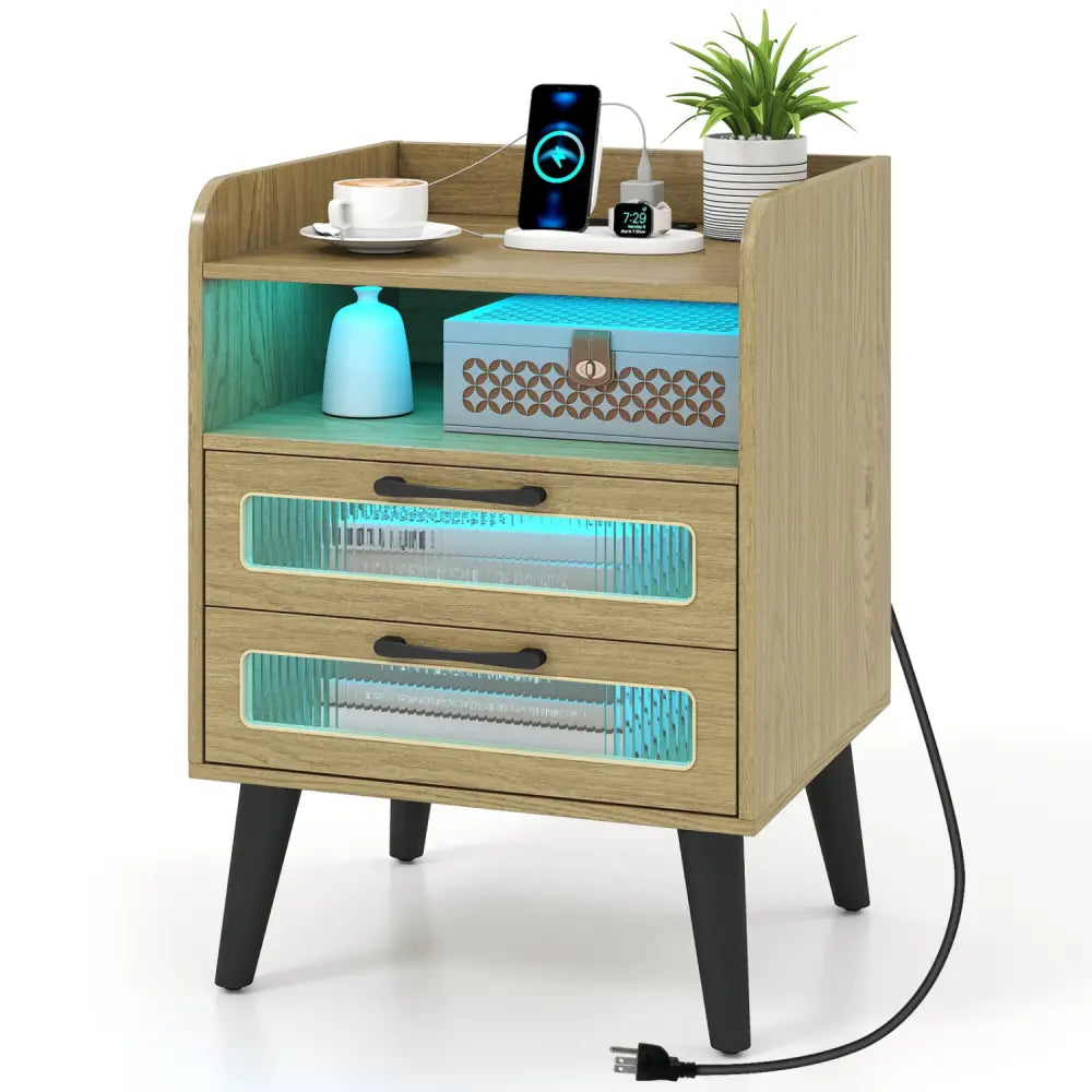Mid Century Modern Nightstand with Charging Station and LED Lights-Natural - Natural - Nightstands