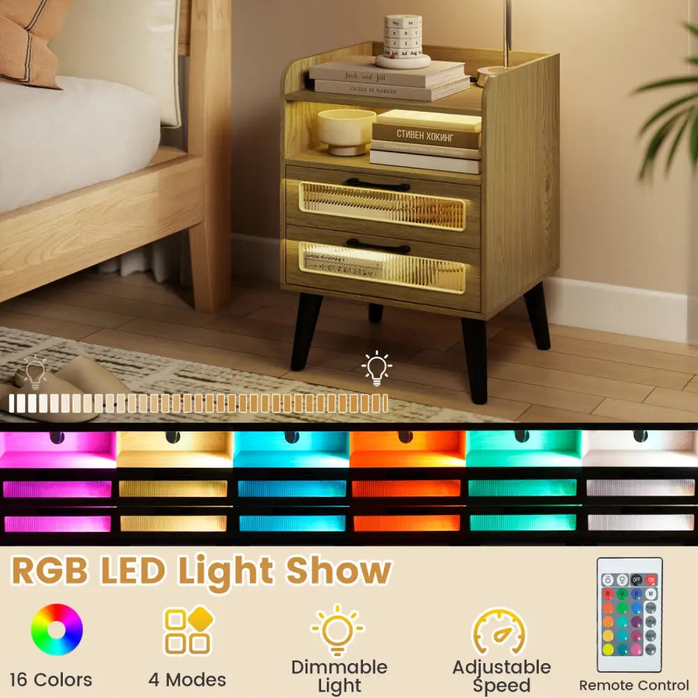 Mid Century Modern Nightstand with Charging Station and LED Lights-Natural - Natural - Nightstands