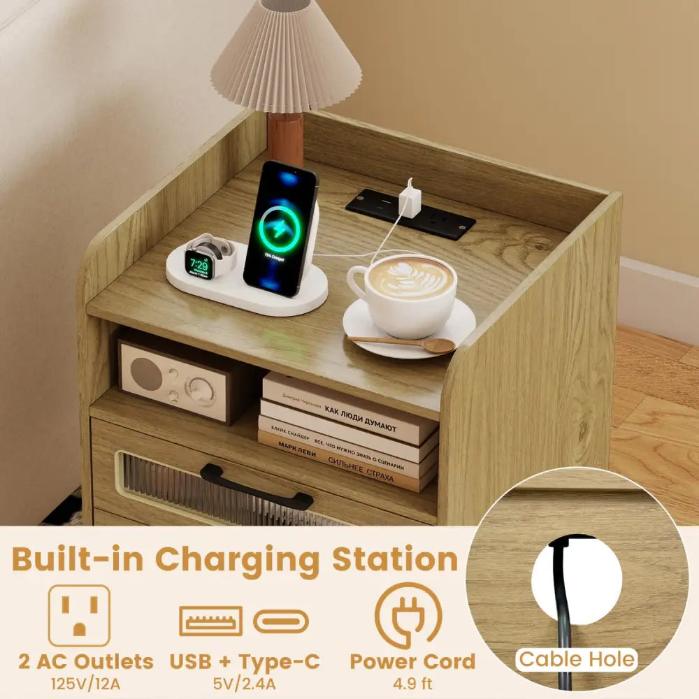 Mid Century Modern Nightstand with Charging Station and LED Lights-Natural - Natural - Nightstands