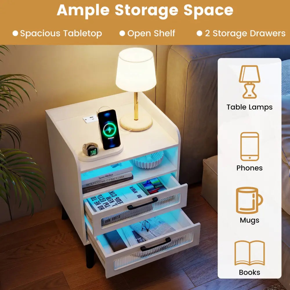 Mid Century Modern Nightstand with Charging Station and LED Lights-White - White - Nightstands