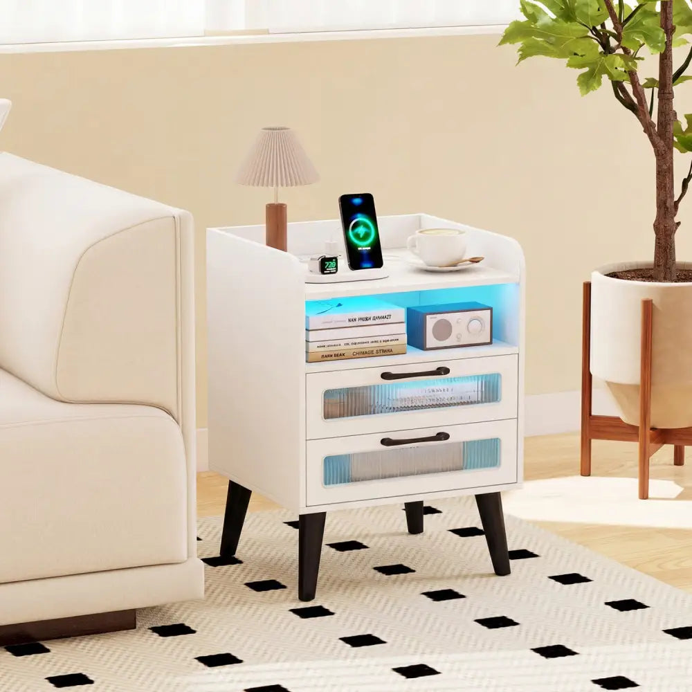 Mid Century Modern Nightstand with Charging Station and LED Lights-White - White - Nightstands