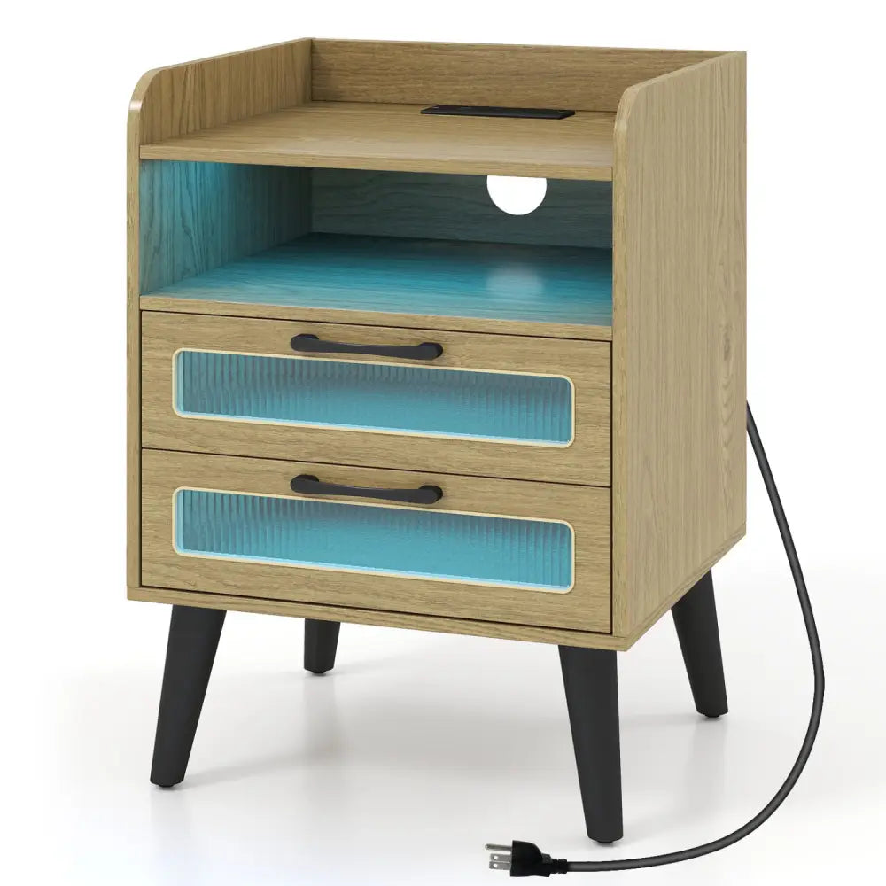 Mid Century Modern Nightstand with Charging Station and LED Lights-Natural - Natural - Nightstands