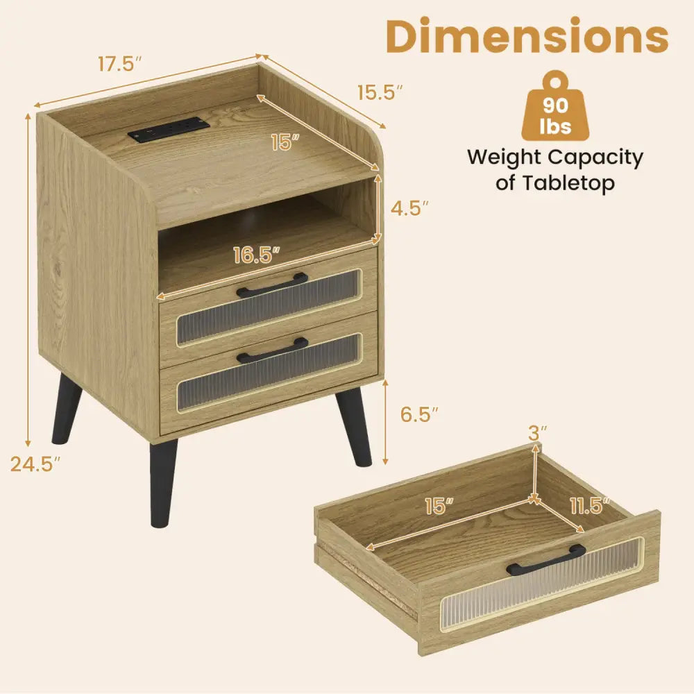 Mid Century Modern Nightstand with Charging Station and LED Lights-Natural - Natural - Nightstands