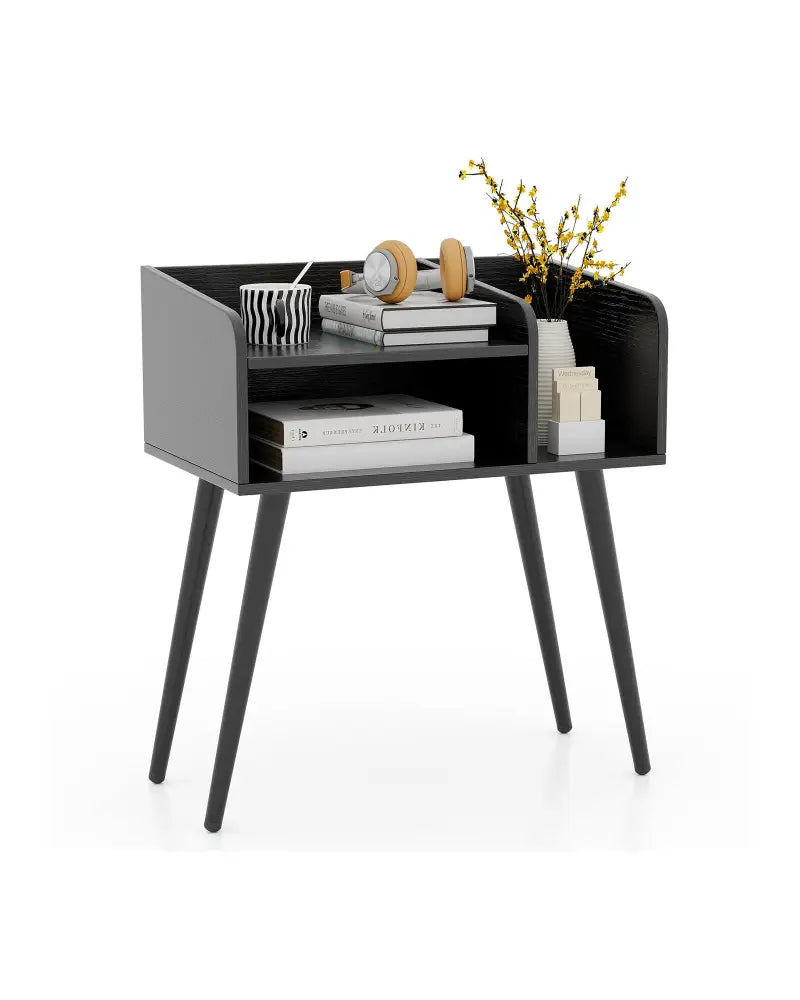 Mid Century Modern Nightstand with Open Shelves-Black - Black - Nightstands