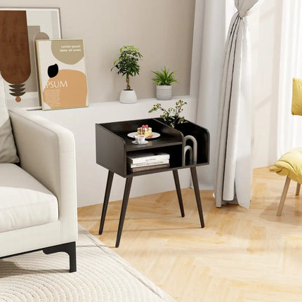 Mid Century Modern Nightstand with Open Shelves-Black - Black - Nightstands