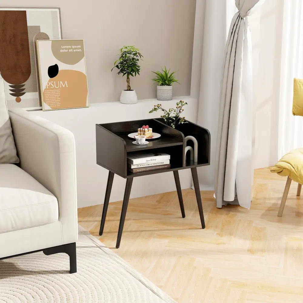 Mid Century Modern Nightstand with Open Shelves-Black - Black - Nightstands